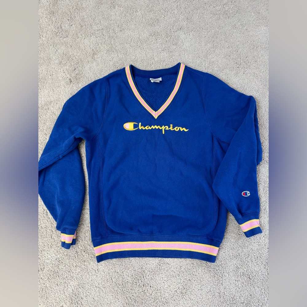 Champion V-Neck Blue Women’s Sweater with Pink Yellow Accents